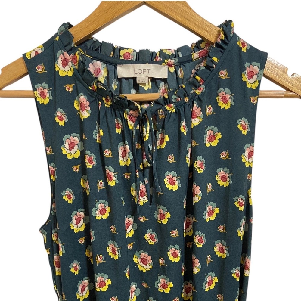 LOFT Petite Floral Print Sleeveless Ruffle Neck Tie Waist Dress Romantic Size M - Picture 7 of 10